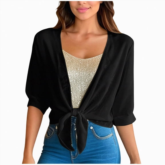 enyan Women Shrug Cardigans Soft Chiffon Summer Tops 3/6 Sleeve Lightweight Cropped Cardigan Tie Front Bolero for Dresses(Black,S)