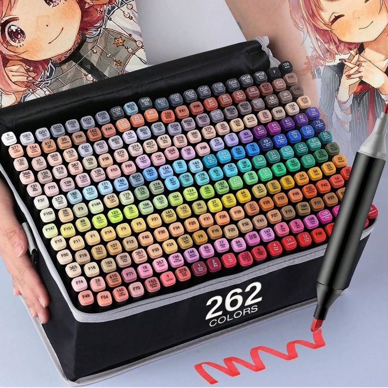 Vokiuler 262 kleuren marker pennen set, alcohol marker set met app, Twin Art marker set voor volwassenen tekenen, manga illustratie, als cadeau voor Kerstmis en verjaardag met draagtas