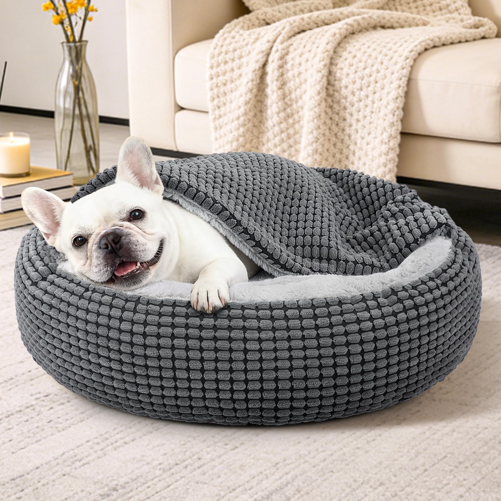 Cozy Small Dog Bed with Attached Blanket, Orthopedic Donut Cuddler, Anti-Anxiety Hooded Calming Cave, Washable with Non-Slip Bottom, 23 Inch