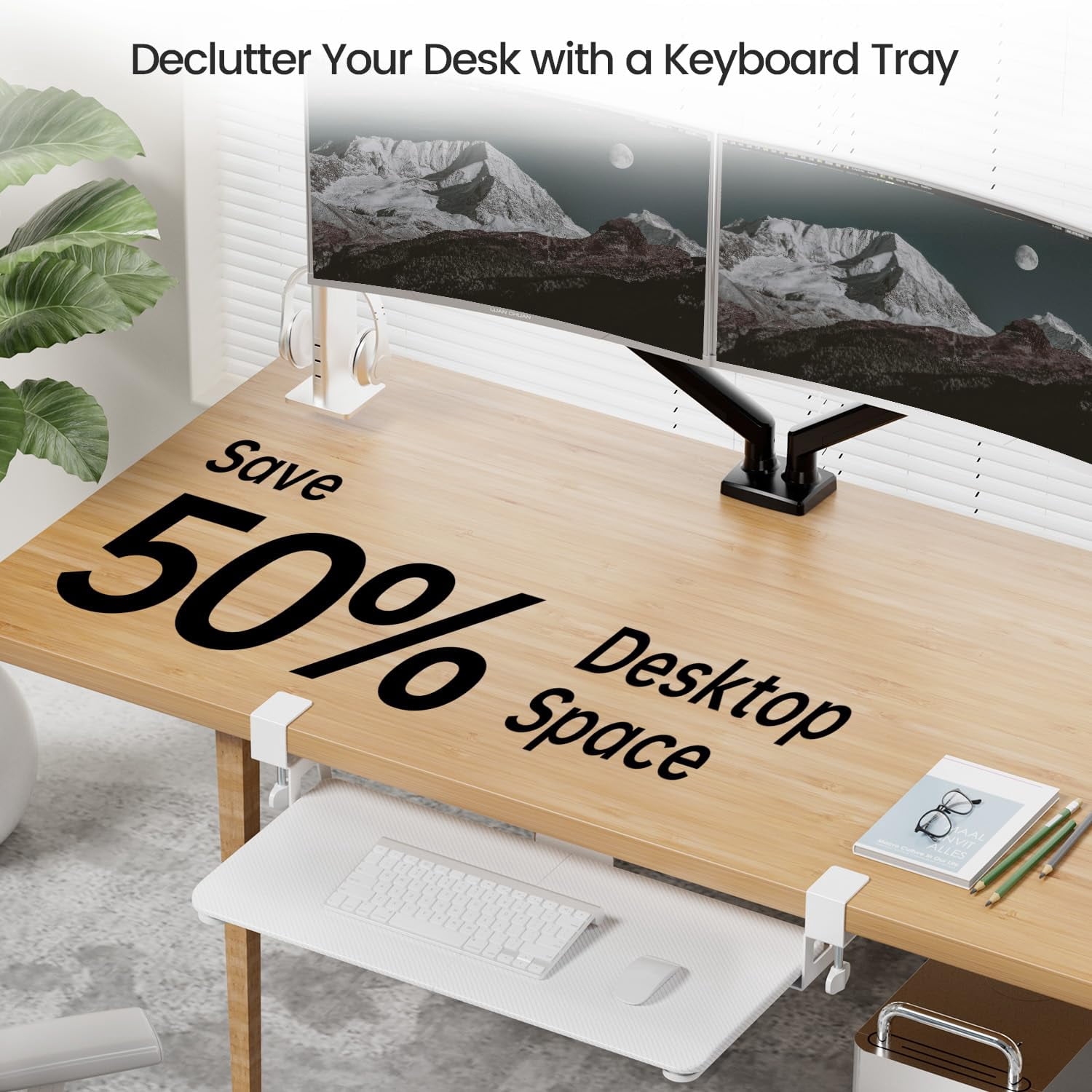 Large Tray Under Desk Slide Out With Extra Sturdy C Clamp Mount System 26'' (30'' Including Clamps) X11 Slide-out Drawer For Typing Mouse White