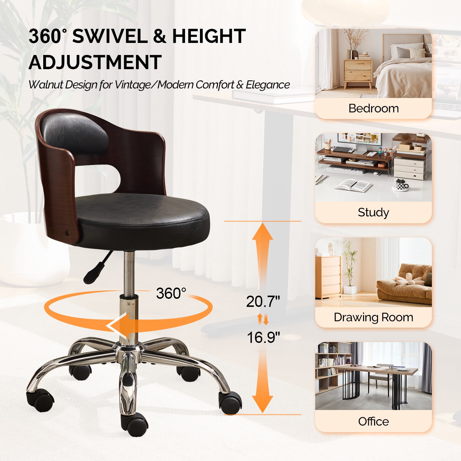 Ktaxon Office Computer Desk Chair with Rolling Wheels, Vanity Stool with Faux Leather Seat, Adjustable Task Chair for Study Make-up Dressing Black