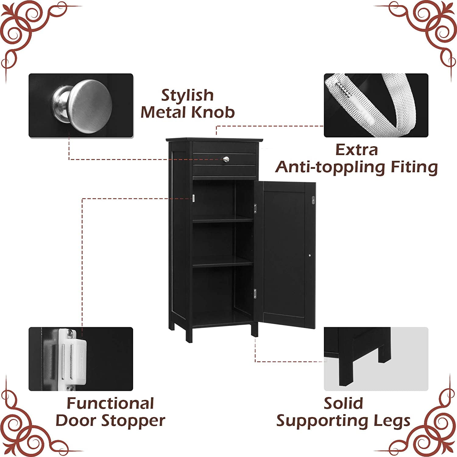 Giantex Floor Storage Cabinet, Multifunctional Freestanding Bathroom Storage Cabinet with Two Adjust Shelves, Ideal for Bathroom, Living Room or Bedroom, 14 x 12 x 34.5 inches (Black)