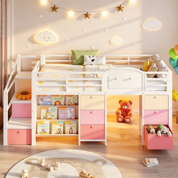 Low Loft Bed with Storage Stairs & Drawers & Shelves, LED Twin Metal Loft Bed with Under-Bed Playhouse, White