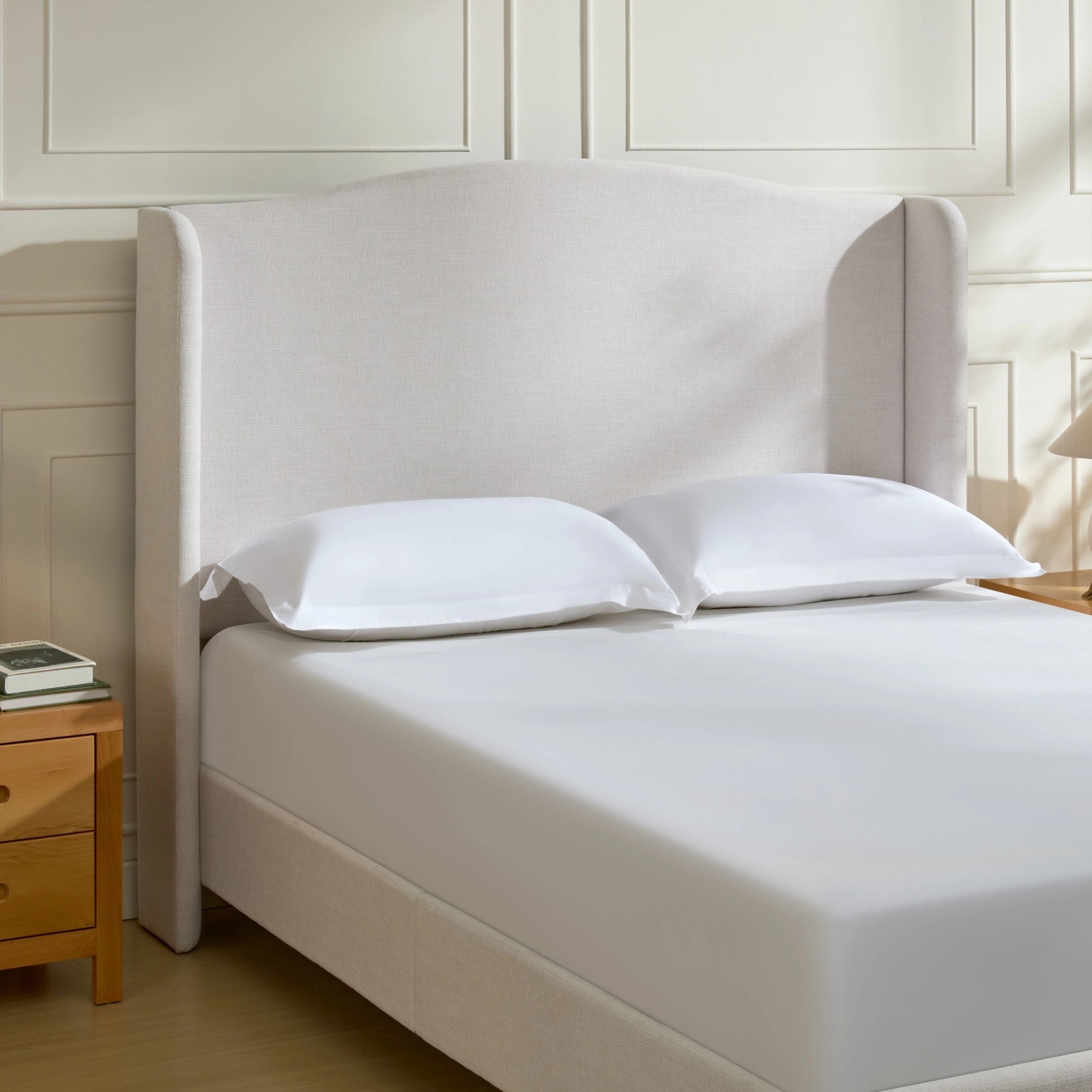 Noble House Hannah Queen Upholstered Bed Frame, 54" Tall Wingback Headboard, Metal Frame, Ivory