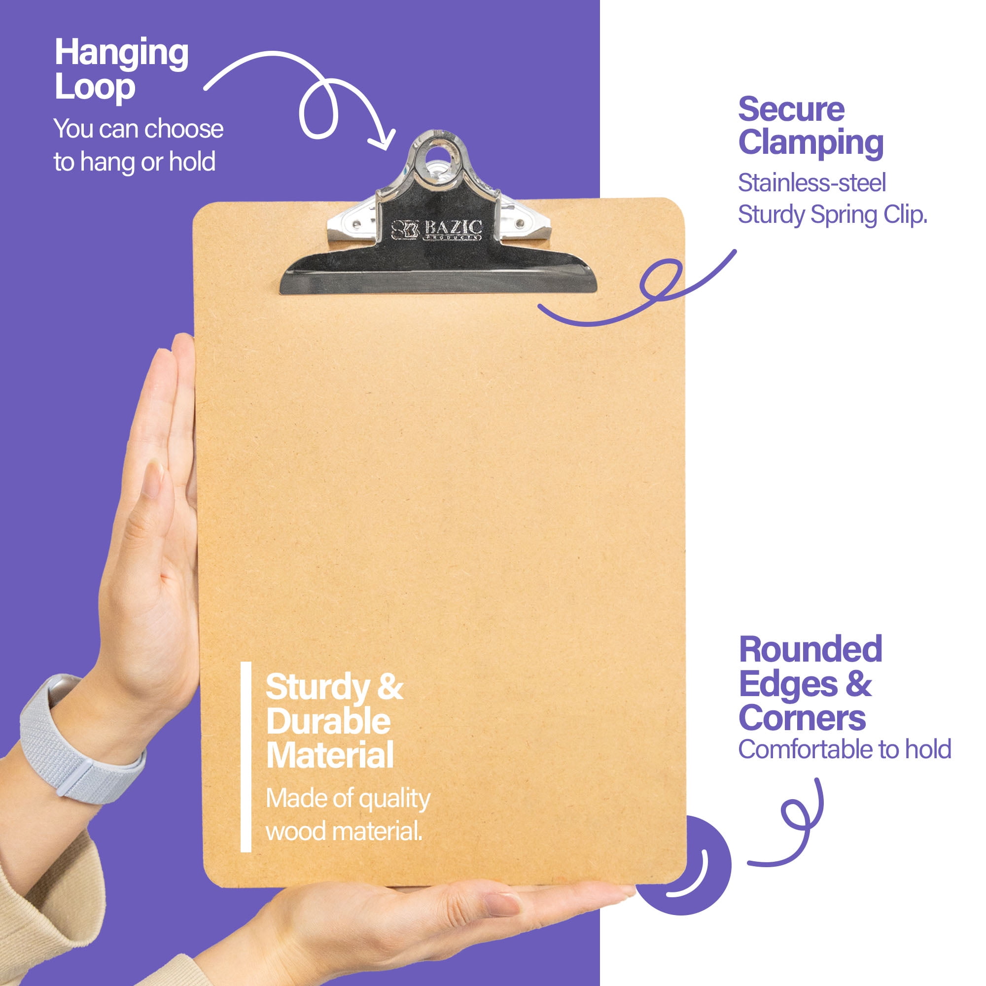 BAZIC Wood Clipboard 12.5" x 9" Sturdy Spring Clip Hardboard, 4-Pack