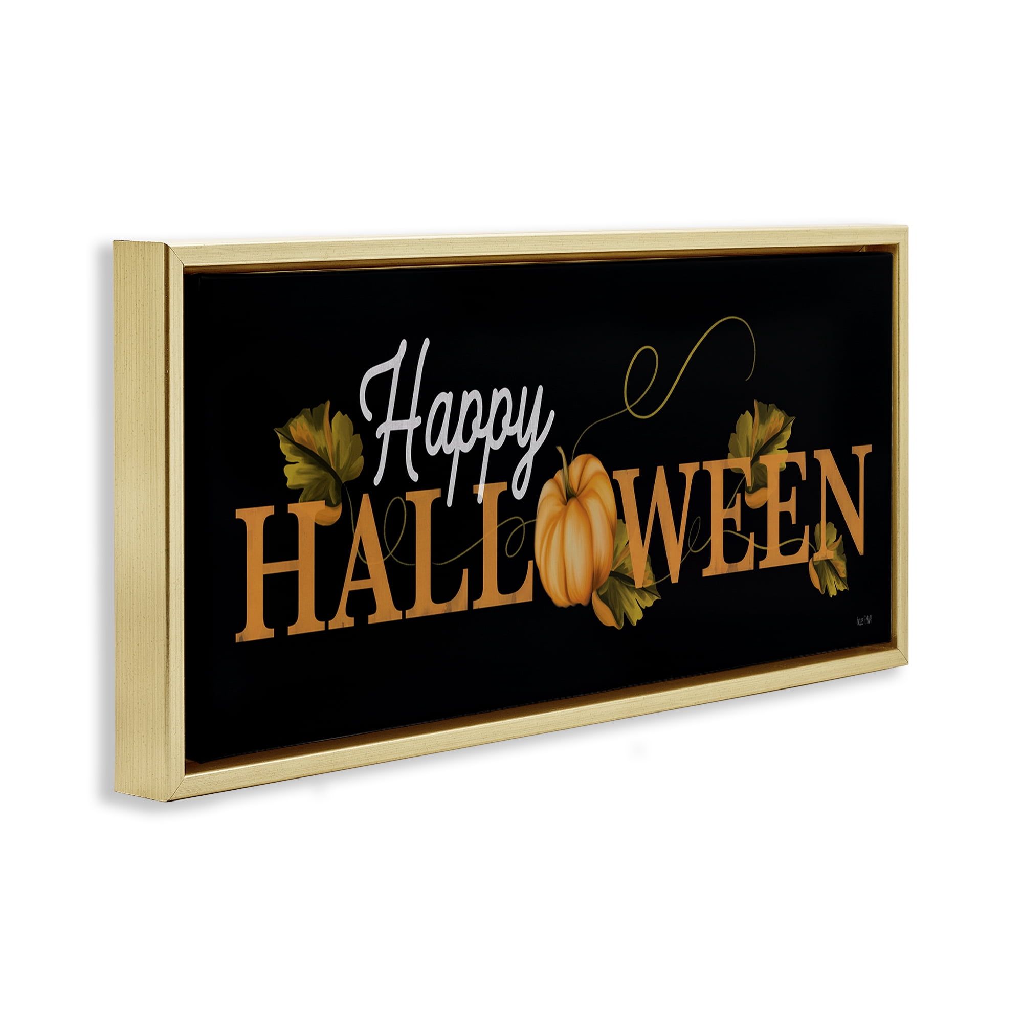 Stupell Industries Happy Halloween on Black Holiday Painting Gold Floater Framed Art Print Wall Art, 31 x 14