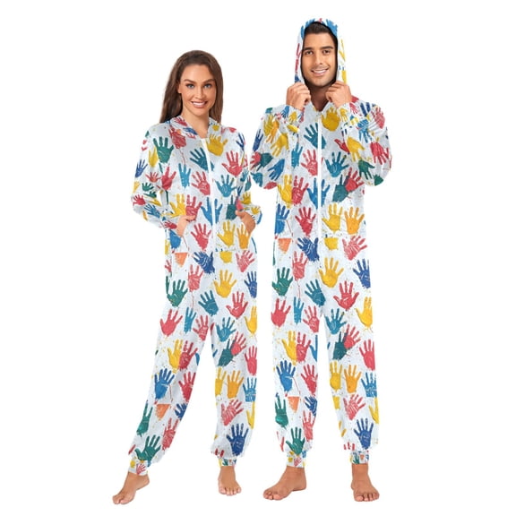 Adult Christmas Onesie Colorful Handprints Zipper One-Piece Pajamas Unisex with Pockets