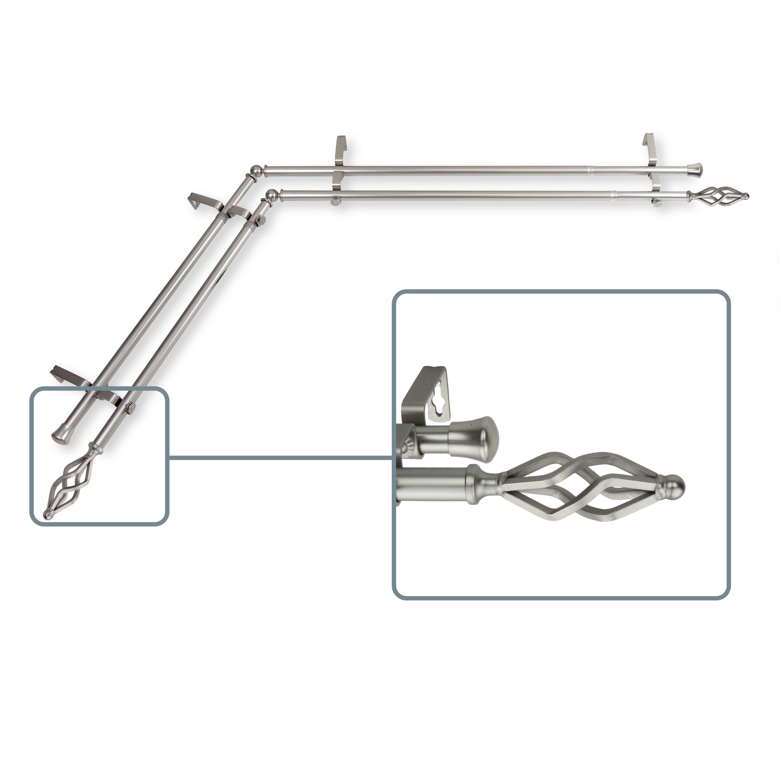 Vinci 13/16 inch Double Corner Window Curtain Rod 48-84" - Satin Nickel