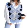 thumbnail image 2 of FNNMNNR Women Casual Sleeveless Argyle Printed V-Neck Oversize Sweater Vest Y2K 90s Color Block Knit Pullover Tops Red S, 2 of 7