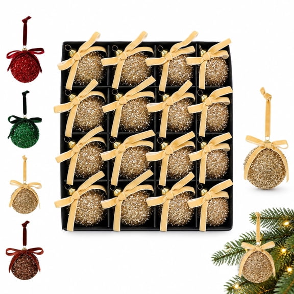 16Pcs Glitter Christmas Ball Ornaments,2.36" Xmas Tree Hanging Decor, Sequin Christmas Decoration Tree Hanging Decorative Balls with Large Bow for Xmas Outdoor Indoor DIY Craft Party Supplies(RL)