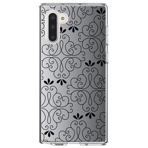 DistinctInk Clear Shockproof Hybrid Case for Samsung Galaxy Note 10 (6.3" Screen) - TPU Bumper, Acrylic Back, Tempered Glass Screen Protector - Black White Fade Black Floral Pattern
