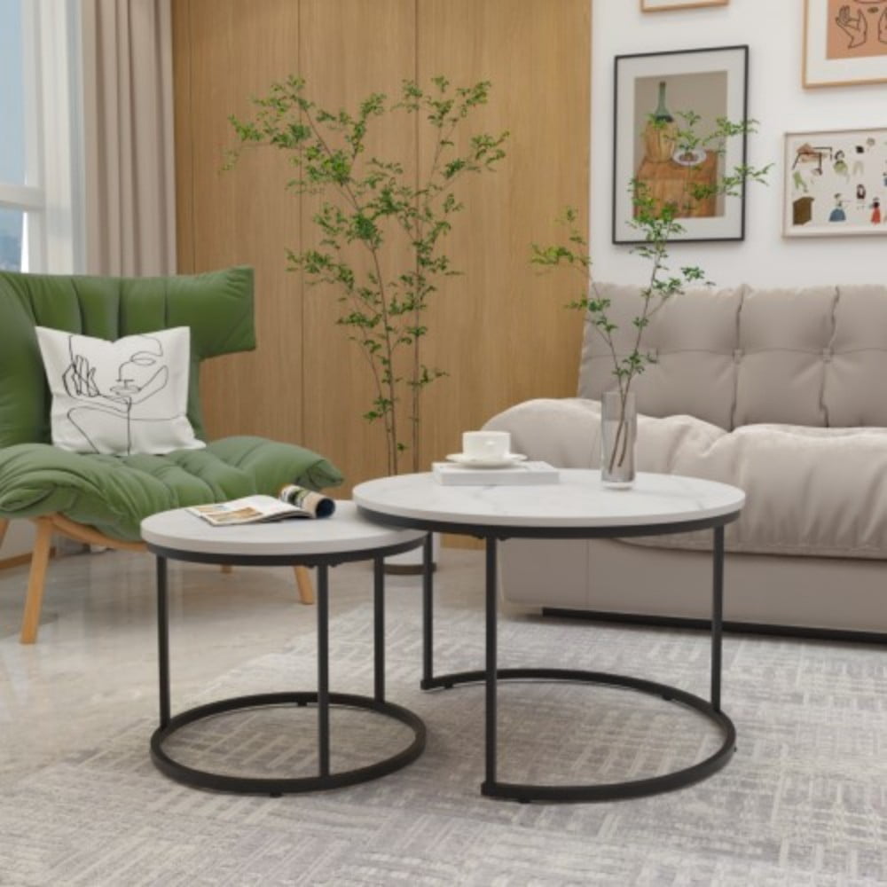 27.6" Nesting Coffee Table Set of 2, Round Wood Marble Pattern Top with Sturdy Metal Frame, Stackable End Tables for Living Room, Bedroom, Office, White & Black