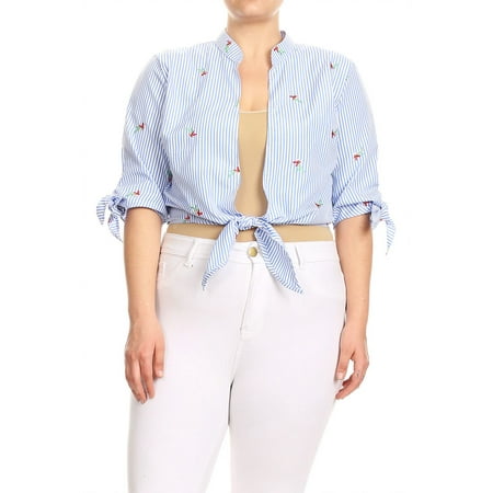 Women's Plus Size Striped Floral Embroidery Top