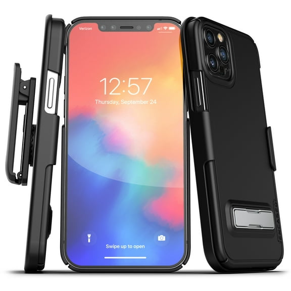 Encased Apple iPhone 12 Pro Belt Clip Case with Kickstand (2020 Slimline) Ultra Thin Cover with Holster - Black