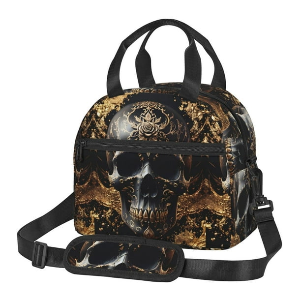 Fotbe Gold Pattern Black Skull Bolsa de Almuerzo con Estampado, Lonchera Aislada, Contenedores de Comida Reutilizables Tipo Cooler a Prueba de Fugas