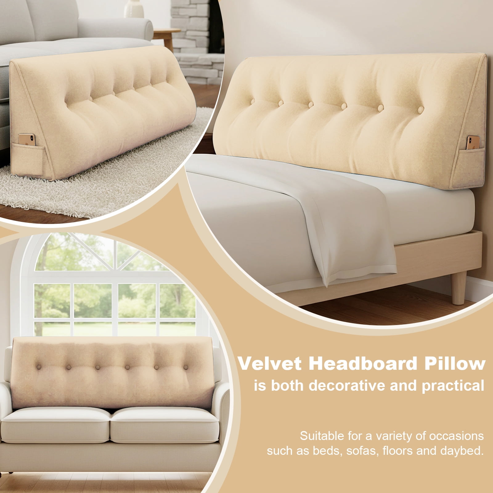 ANMINY Soft Fleece Headboard Pillow - High Elastic Pearl Cotton Filling, Removable Cover, Side Pocket, Ideal for Bed & Sofa Back Support