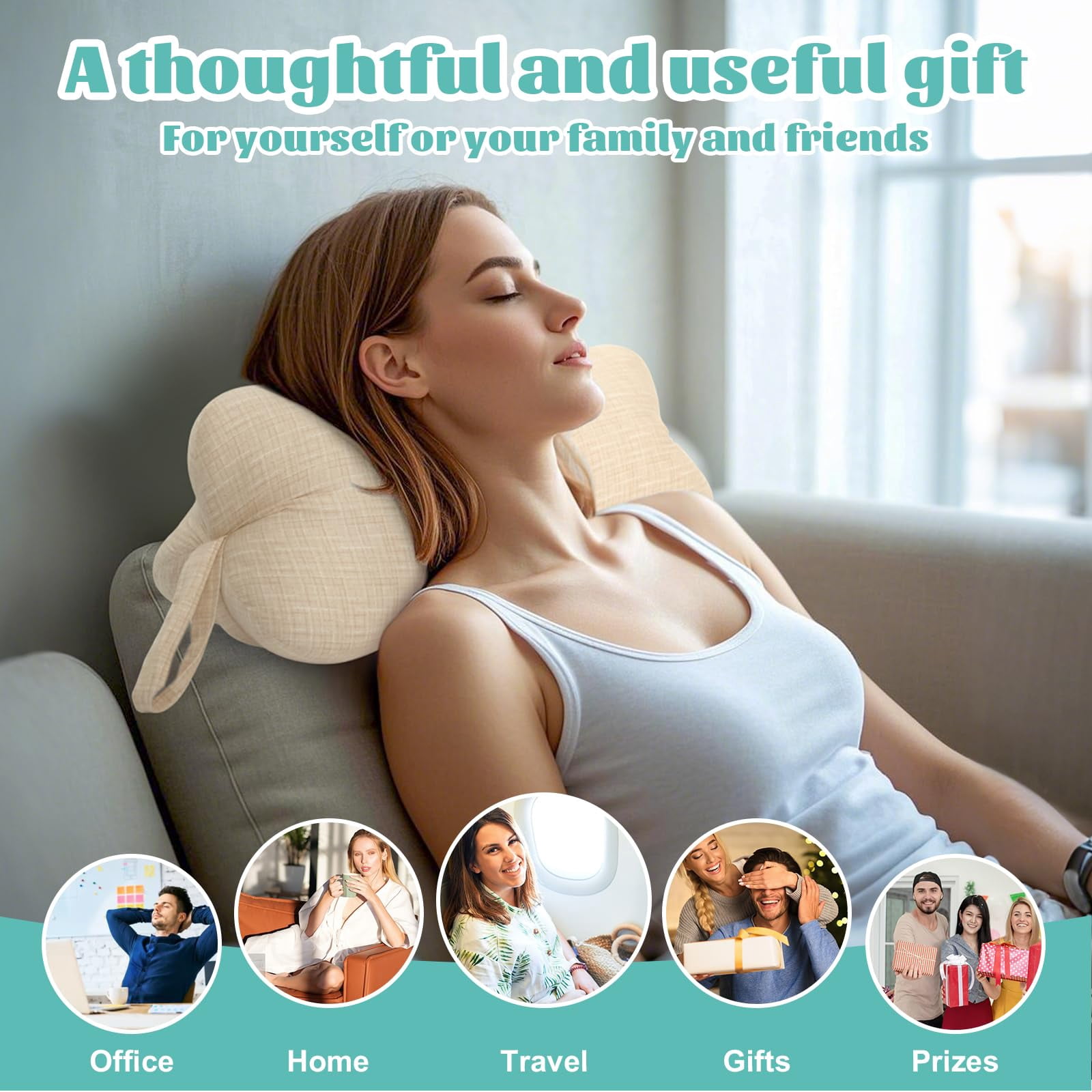 RoamReady Neck & Cervical Pillows, Dog Bone Shaped Neck Pillow with Fixed Rope & Have Loops on End, for Chiropractic Lumbar Spine, for Car Bus Truck Driving Travel Comfort Head Rest Support,Yellow