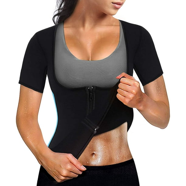 KSCD Hot Neoprene Sauna Suits for Women Sweat Waist Trainer Vest for Women  Workout Body Shaper Zipper Shirts Jacket Tops Black With Short Sleeve  XXX-Large 