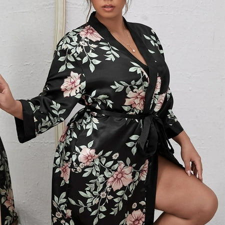 

Voncos Womens Soft Pajama Clearance- Bathrobes Silk Satin Printed Sexy Plus Size Robe Sleepwear Black Size 5XL