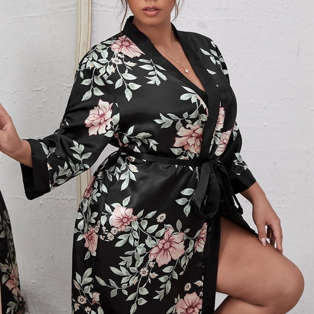 LSLJS Printemps et Été Pyjamas Femmes Minces Plus et Grande Taille Mode Féminine Imprimé Chemise de Nuit Long Cardigan Décontracté Vêtements de Maison, Robes Cadeaux pour les Femmes