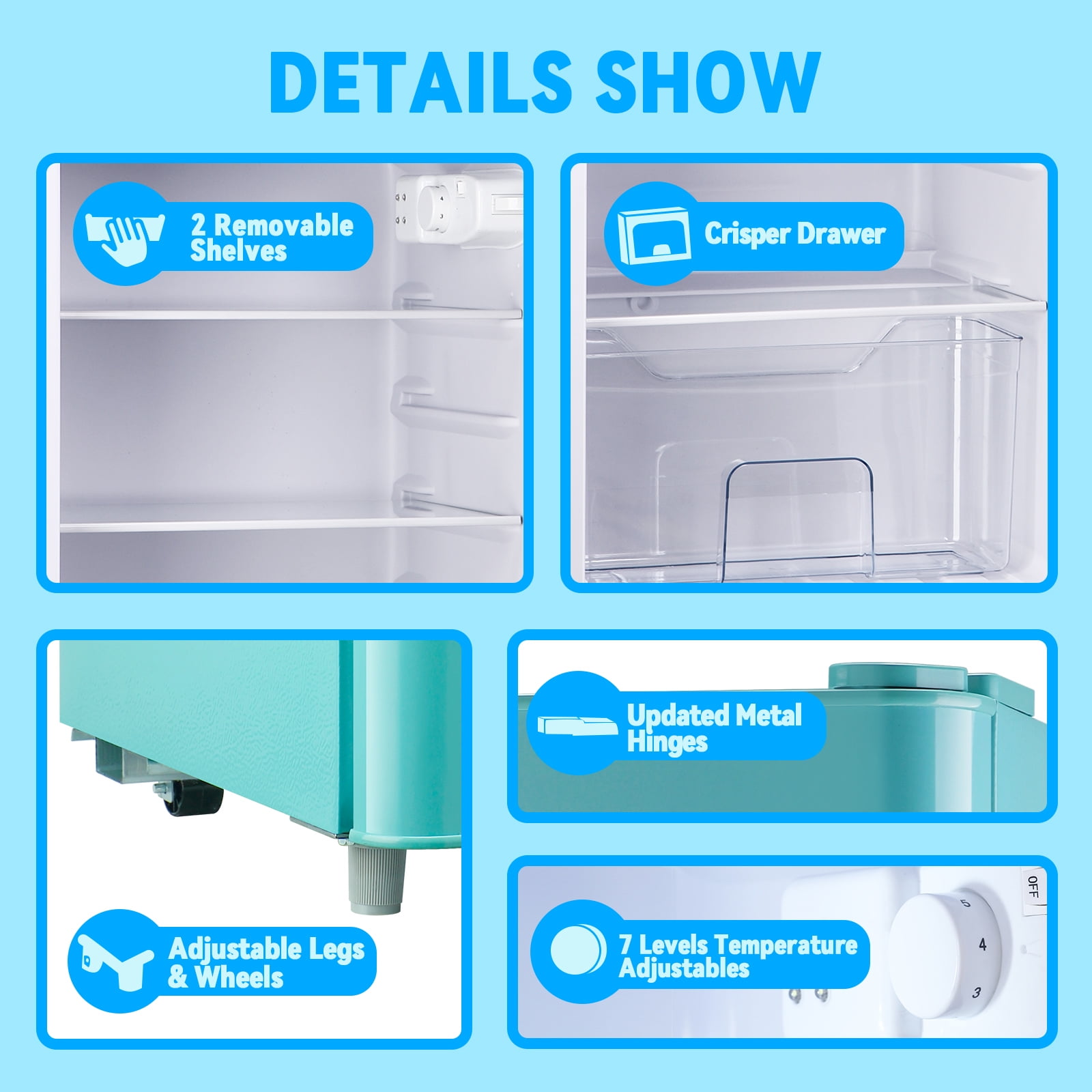 TACOOL Small Refrigerator with Freezer Retro Mini Fridge with Removable Shelves LED Light for Apartment 3.4Cu.Ft Blue