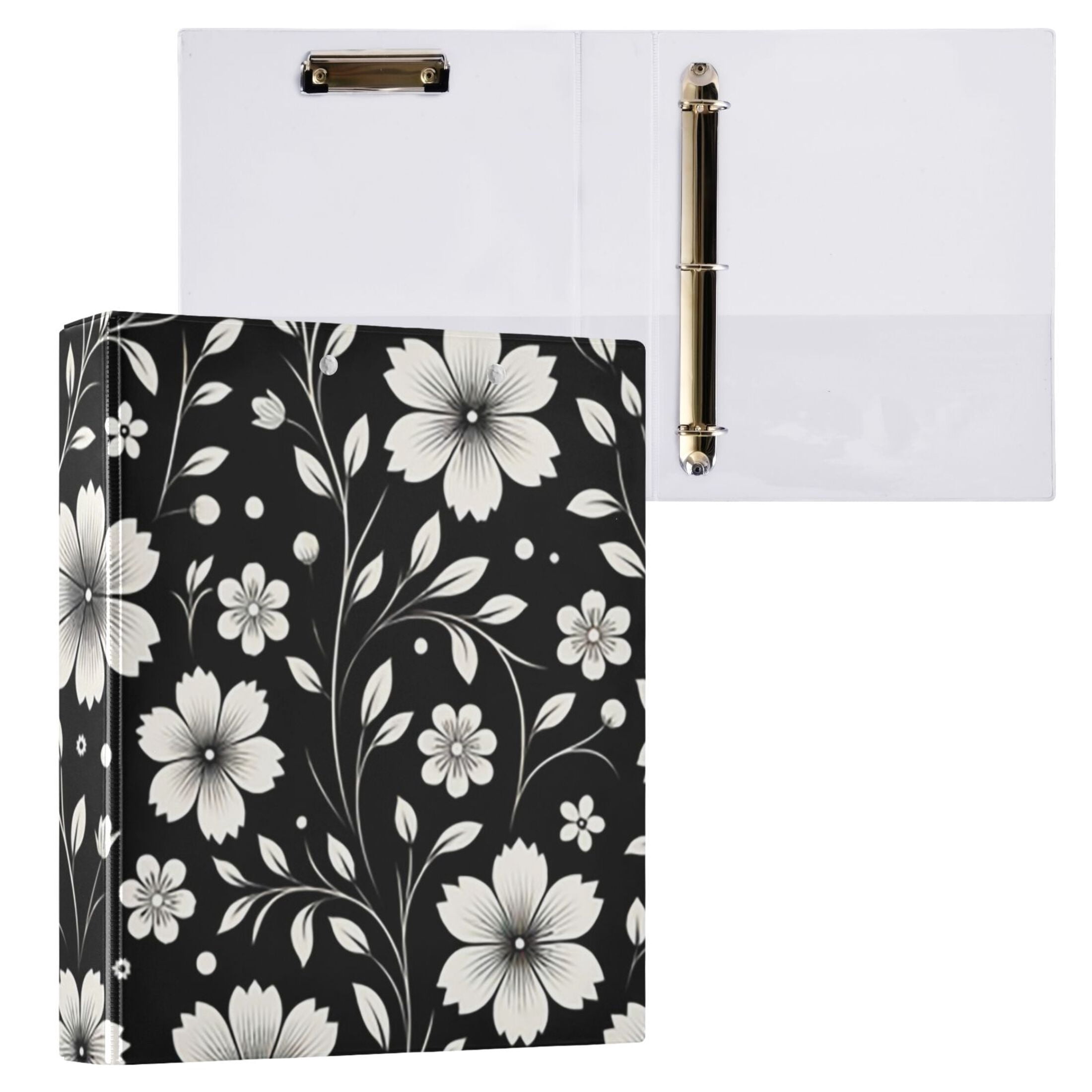 Retro White and Black Flowers 3 Ring Binders 1.5 inch Hardcover File Folders with Interior Pockets A4 Size Organizer for School Office Hospital