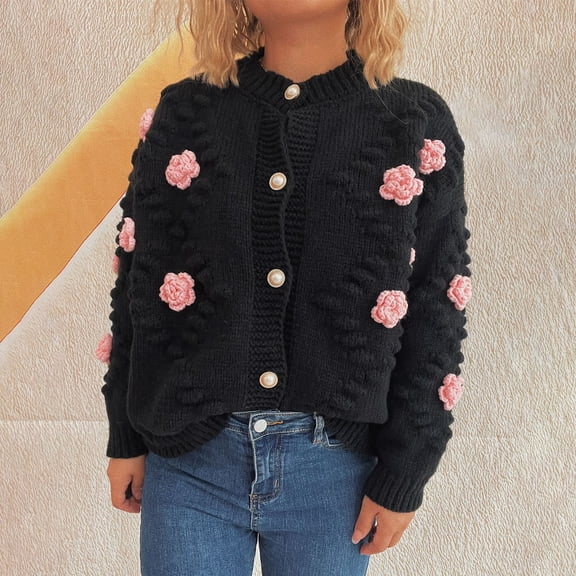 Women's 3D Floral Knit Cardigan, Cute Flower Button Up Long Sleeve Open Front, Soft Textured Bloom Sweater, Cozy Fall Winter Casual Wear, Stretch Comfort Top Black L