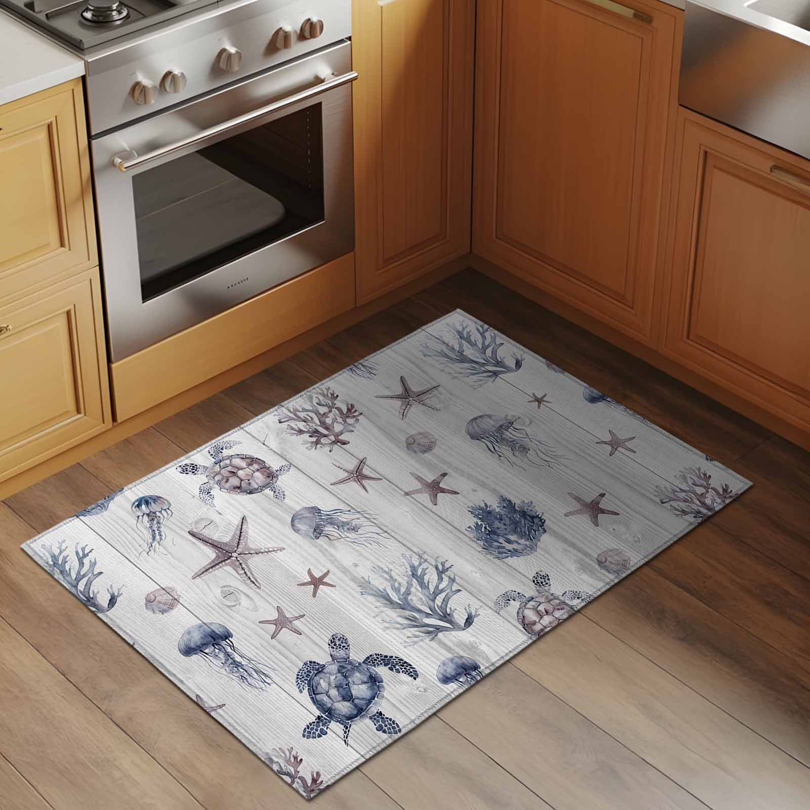 Entrance Runner Rug 2'x3', Vintage Coastal Non-slip Doormat for Indoor Outdoor Entrance, Nautical Summer Beach Sea Turtle Starfish Throw Floor Mat for Front Door/Living Room/Bedroom/Bathroom/Kitchen