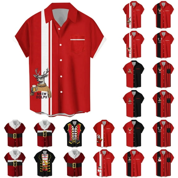 QATAINLAV Men's Short Sleeve Button Down Bowling Shirts Casual Regular Fit Lapel Hawaiian Shirts Christmas Blouse Tops Funny Gifts Red L Birthday Gifts