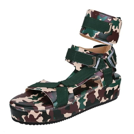

nsendm Womens Sandals Platform Sandals For Womens Open Toe Ankel Strap Camouflage Flats Beach Shoes Green 38