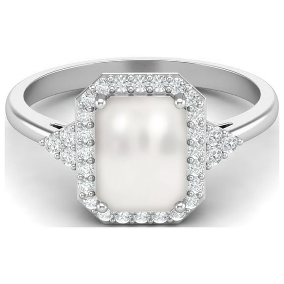 7X5MM Octagon Shape Natural Pearl Gemstone 925 Sterling Silver Solitaire Trio Accents Valentines Day Gifts Rings For Womens