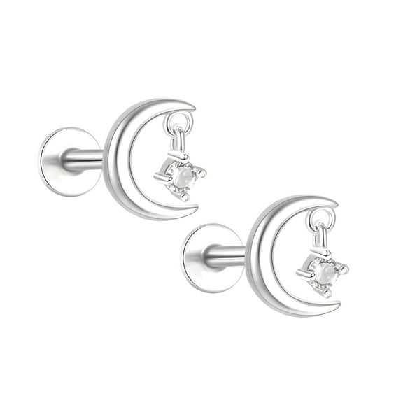 Moon and Star Flat Back Earrings for Women Sterling Silver 16g Cartilage Helix Lobe Body Piercing Stud Ginger Lyne