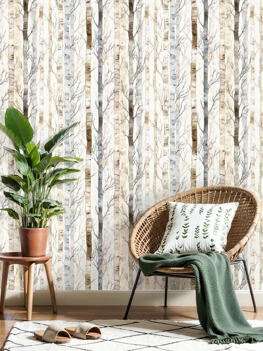 Peel and Stick Wallpaper Watercolor Birch Trees Soft Earthy Tones Branches Wall Mural 23.6in x 9.8ft Self Adhesive Removable Wall Paper Renter Friendly Wallpaper for Bedroom Livingroom Office Studio