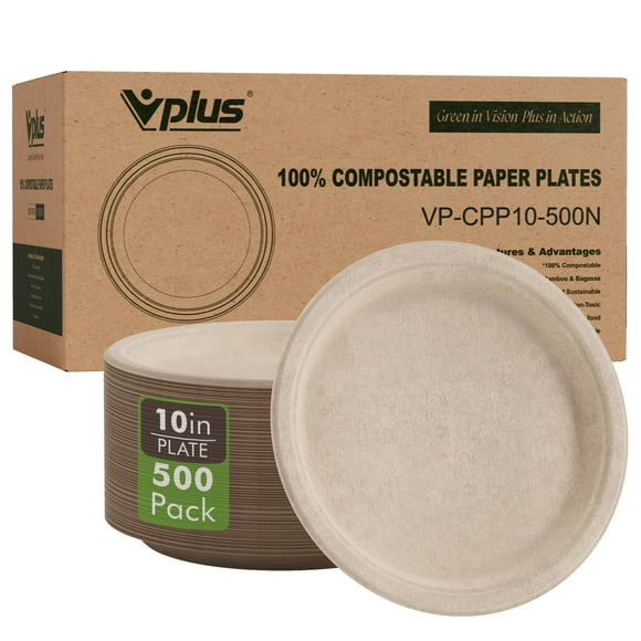 Platos de papel desechables compostables Vplus 500, paquete de 26 cm