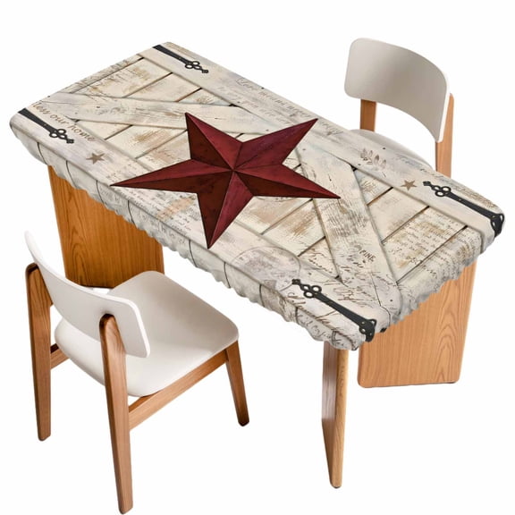 Texas Star Vintage Table Cloths for 3 Foot Rectangle Tables, Red Retro Berry Wooden Patio Waterproof Elastic Fitted Tablecloths, Washable Rectangular Table Cover for Camping