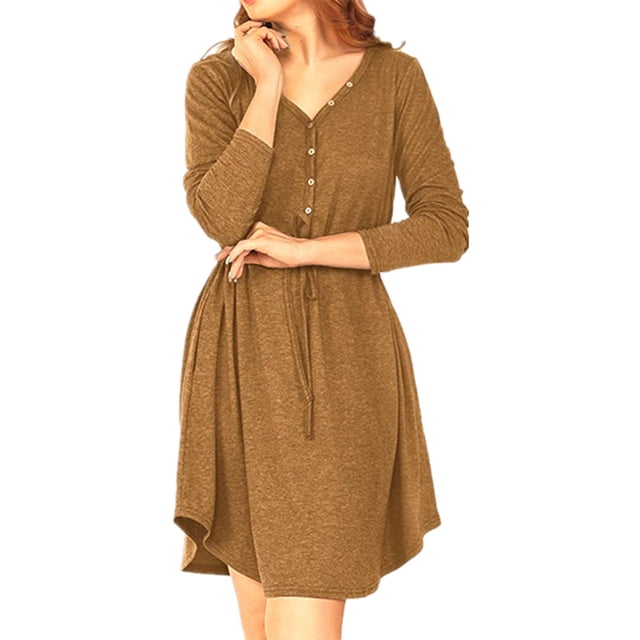 Txlixc Vestido casual de primavera para mujeres, botón de cuello V de color sólido Txlixc moda
