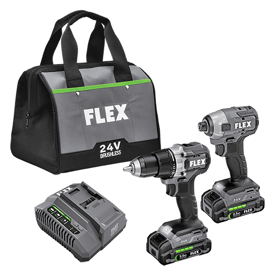 FLEX FXM201-2A 24V BRUSHLESS CORDLESS 2 TOOL COMBO KIT 1/2" 2 SPEED DRILL DRIVER & 1/4" HEX IMPACT DRIVER W/ 2 2.5H LITHIUM BATTERY   CHARGER