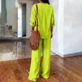 thumbnail image 6 of Women Lounge Sets 2 Piece Cotton Linen Outfits Summer Casual Long Sleeve V Neck Pullover Top Wide Leg Pants Matching Sets Trendy Clothes Going Out Suits for Womens Green L, 6 of 8