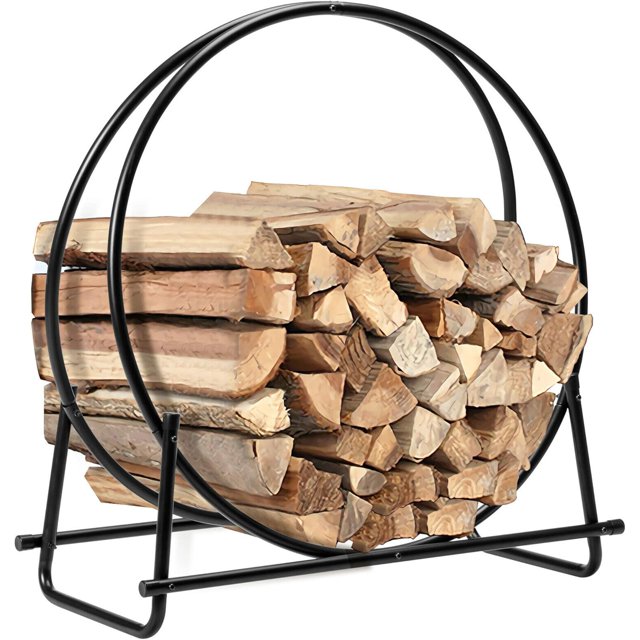 Panier à Bûches de Bois de 30 Pouces, Étagère de Rangement pour Bois de Foyer, Support Rond en Acier Robuste, Étagère Ronde pour Bois de Chauffage pour Foyer Intérieur et Extérieur, Noir