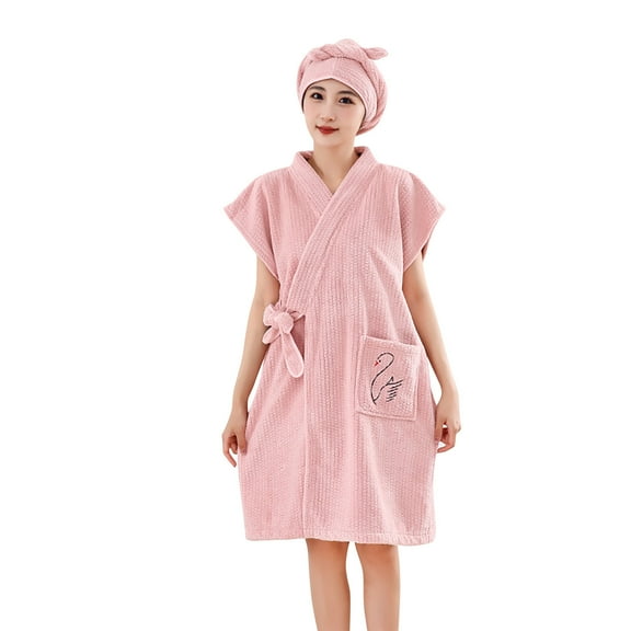 FNFFH Women Short Sleeve Winter Robes Cross V Neck Side Tie Bathrobes Casual Absorbent Towel Bathrobe with Shower Cap