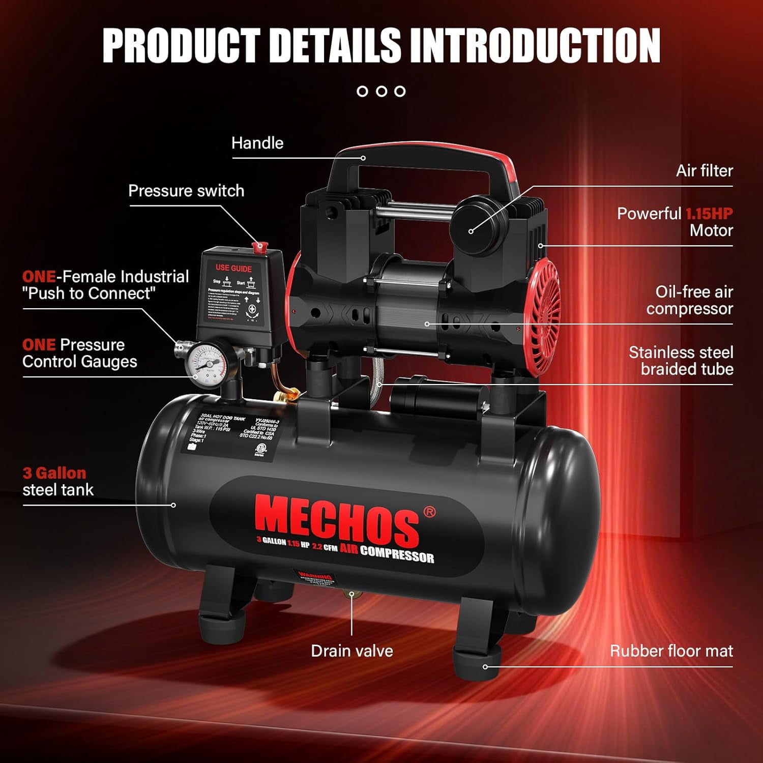 Baotree 3-Gallon Portable Air Compressor, oil-free, 70-decibel quiet operation, suitable for garage and home use, tire inflator