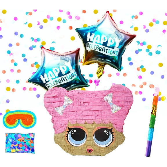 Cute Doll Pinatas Party Set with Buster Stick, Blindfold, Confetti, and Happy Celebration Balloons - Perfect for Birthdays and Celebrations