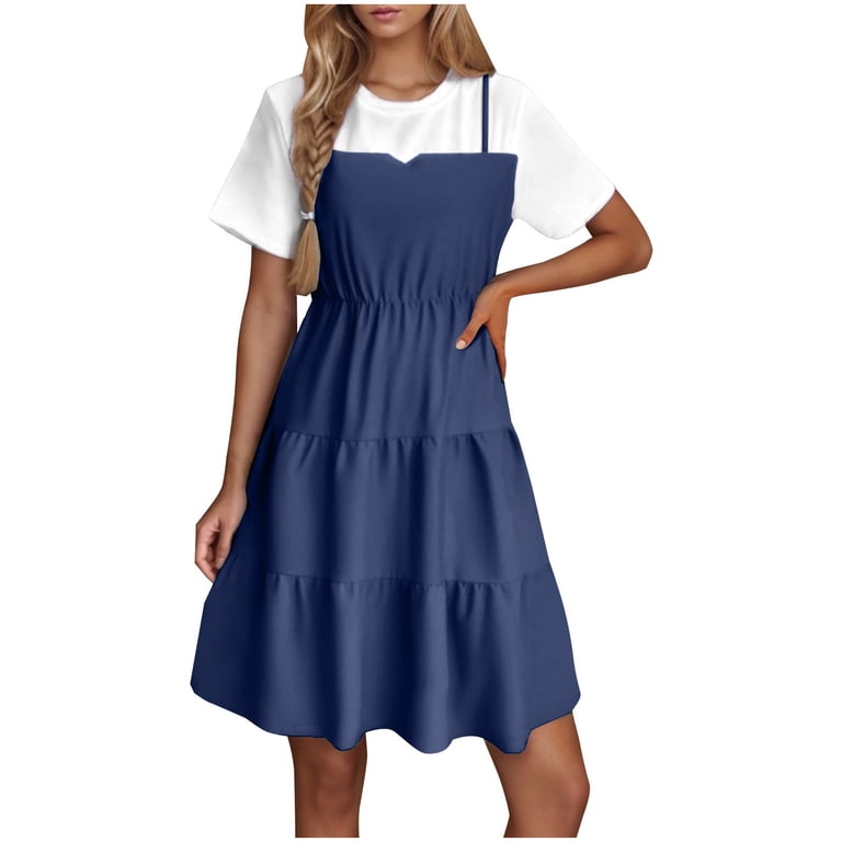 Fartey Women's Fashion Fake Two Pieces Dress Casual Summer Short Sleeve Crewneck Knee Length Dresses Lightweight Spaghetti Strap Tiered Slip Dress