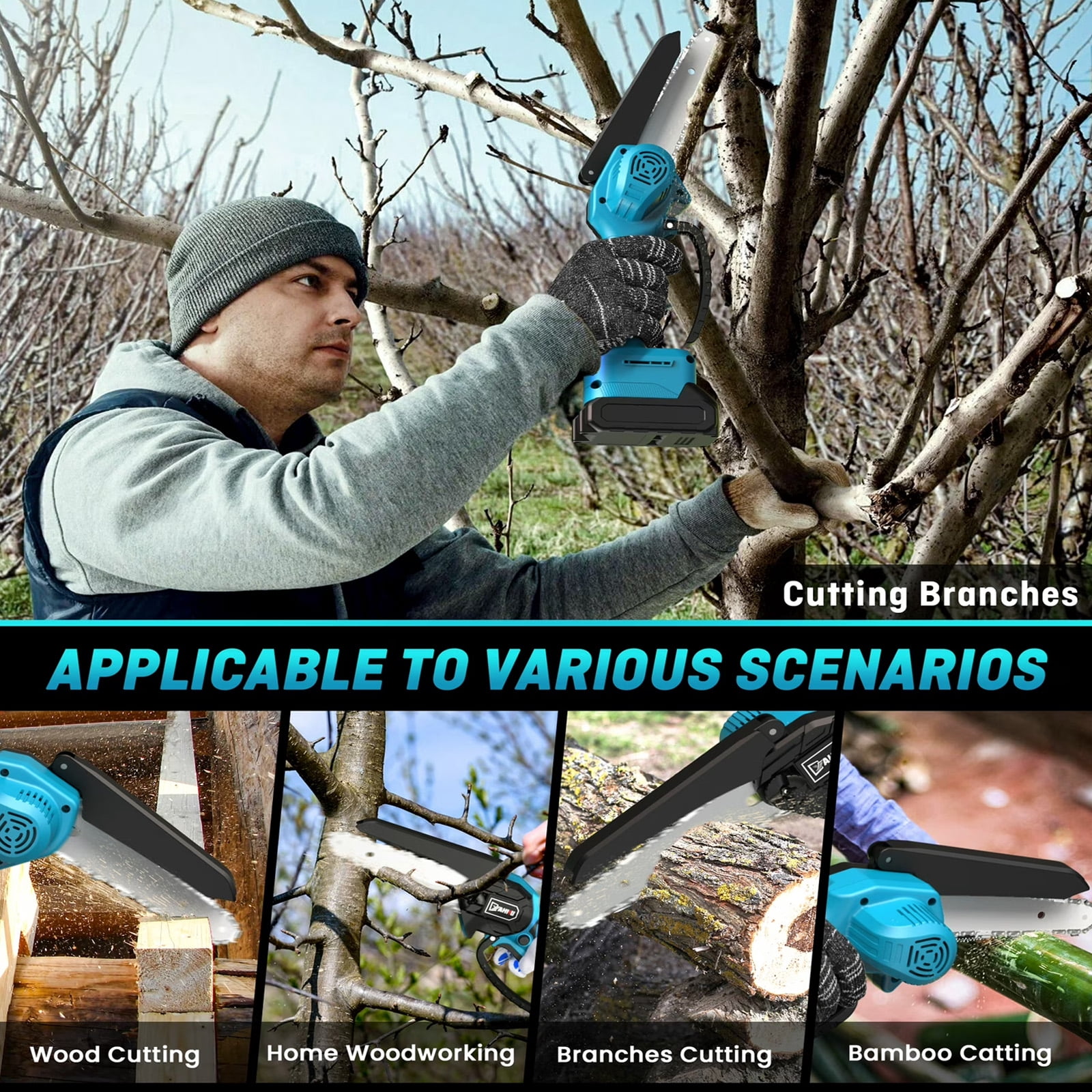 SUSUZI 8-Inch Cordless Chainsaw, 21V Dual Batteries Brushless Electric Handheld Chainsaw for Tree Trimming Gardening Wood Cutting