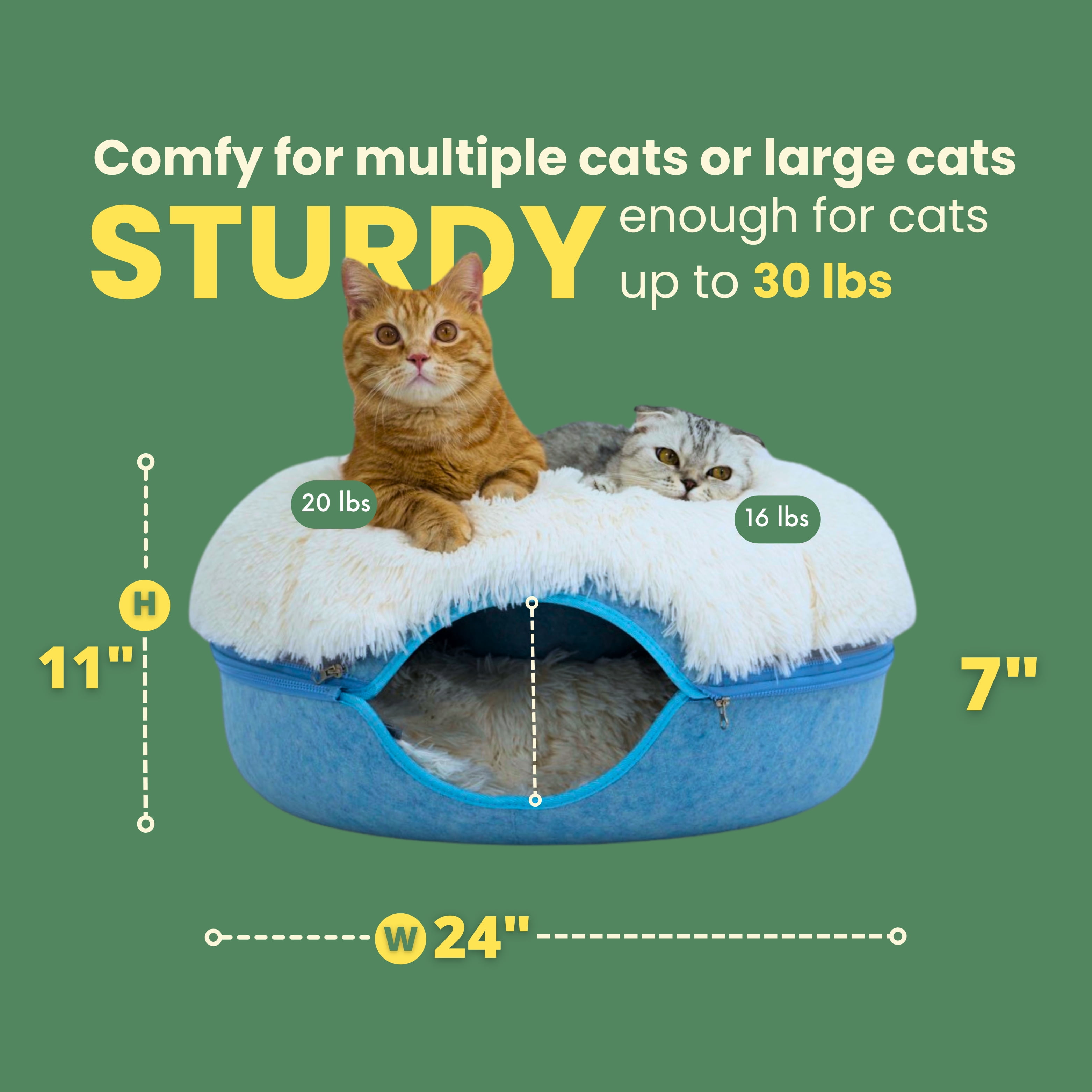 Cattasaurus Calming Donut Cat Cave for Multiple & Large Cats Up to 30-45 Lbs, Scratch Detachable & Washable Tunnel Bed, Comfy Donut Cat Cave (Blue, Large)