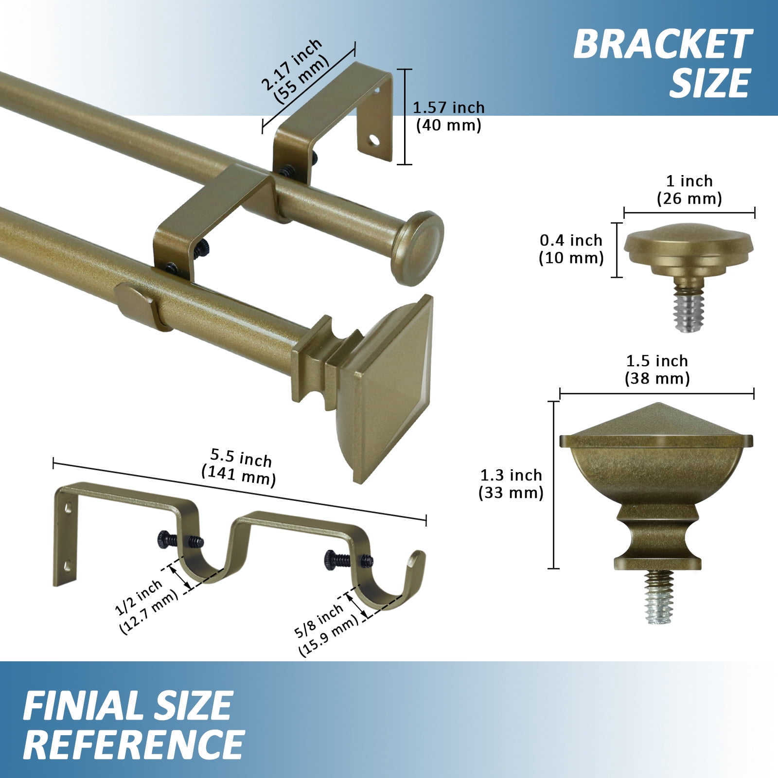 Urbanest Adjustable Double Curtain Rod Set Metal with Decorative Square Urn Finials, Heavy-Duty