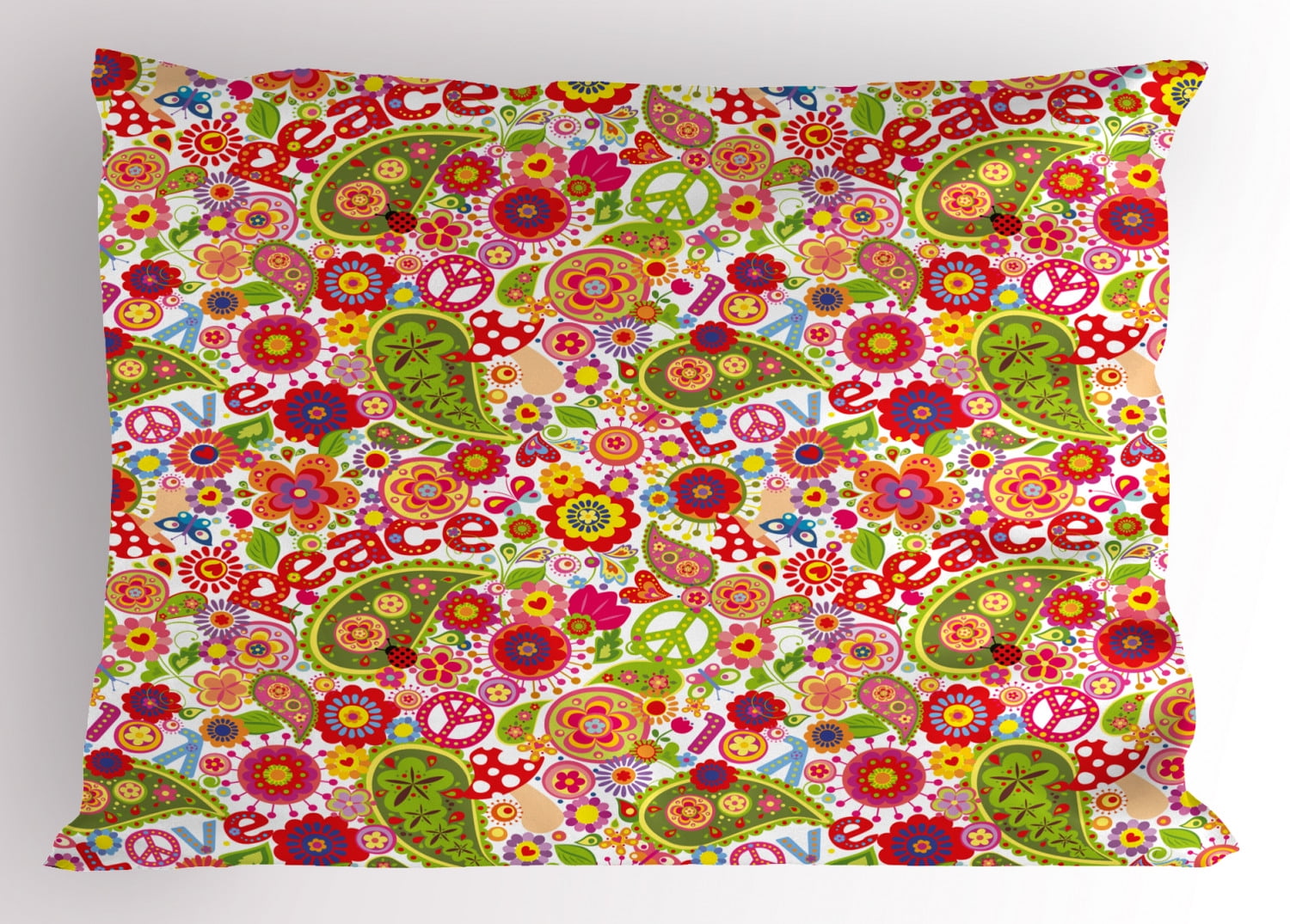70s Party Pillow Sham Festive Hippie Childish Composition of Mushrooms