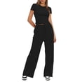 thumbnail image 3 of Two Piece Sets for Women Summer Casual Outfit Sets Solid Color Button Down Round Neck Short Sleeve Tops and Drawstring Wide Leg Pants with Pocket Sets Relaxed Vacation Wear, 3 of 8
