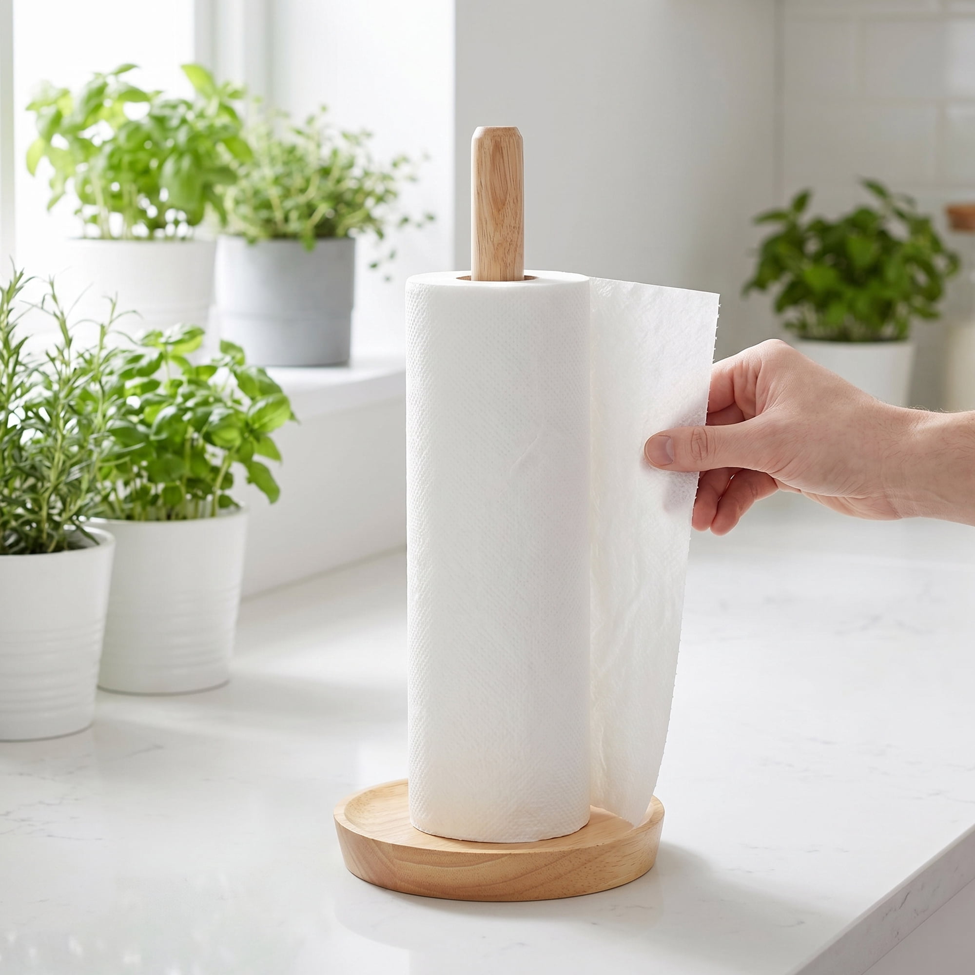 Unique Bargains Paper Towel Holder Countertop Non-Slip Base Wood Light brown 12x5.9inch