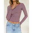 thumbnail image 6 of IWEMEK Women Fall Tops Red Striped Long Sleeve Shirts Round Neck Casual T-Shirts Drawstring Size S, 6 of 7